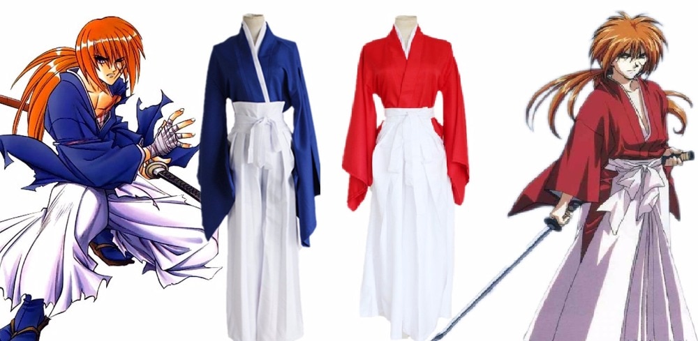 Rurouni Kenshin Himura Kenshin Red Blue Kimono Cosplay Costume