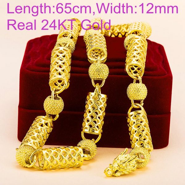 Dragon Beads Tube Real 24KT Gold Chain Necklace